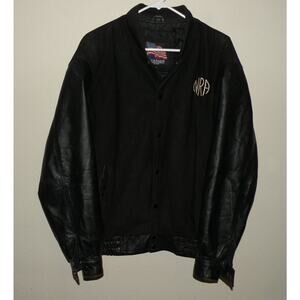 USA Leather Men’s Large Snap Leather and Wool Blend Bomber Jacket Black NRA